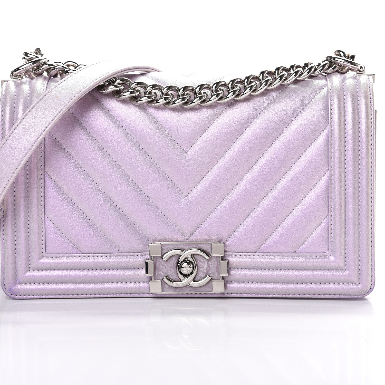Chanel Metallic Lambskin Chevron Quilted Medium Boy Flap Pink 7 of 15