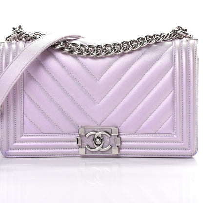 Chanel Metallic Lambskin Chevron Quilted Medium Boy Flap Pink 7 of 15