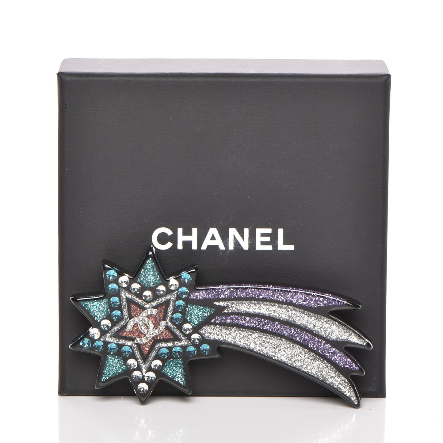 Glittered Resin Strass Shooting Star Brooch Black Purple Green