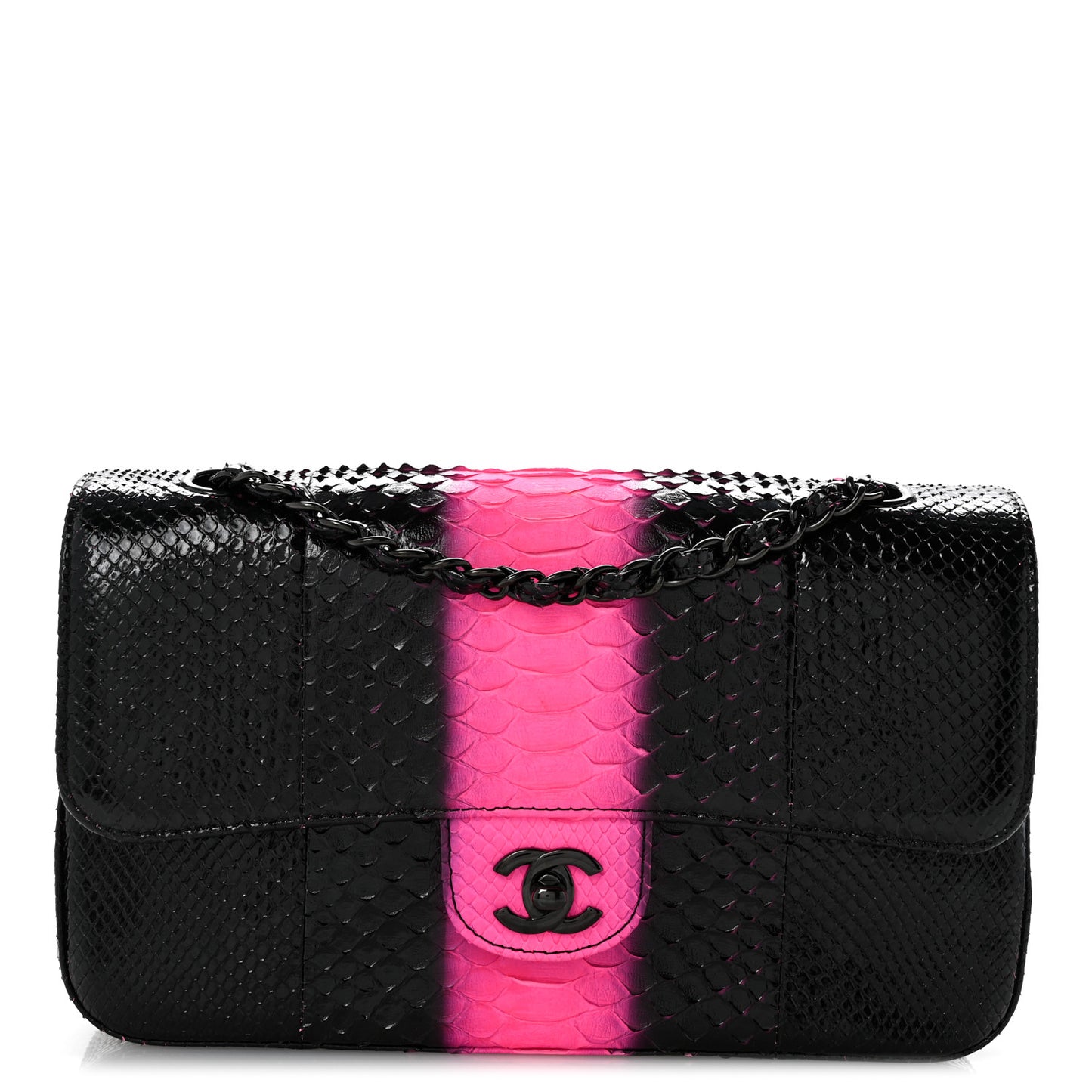 Snakeskin Medium Double Flap Black Pink