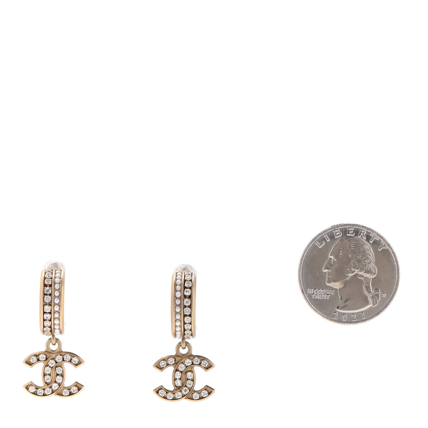 Chanel Crystal Pearl CC Hoop Drop Earrings Gold 2 of 4