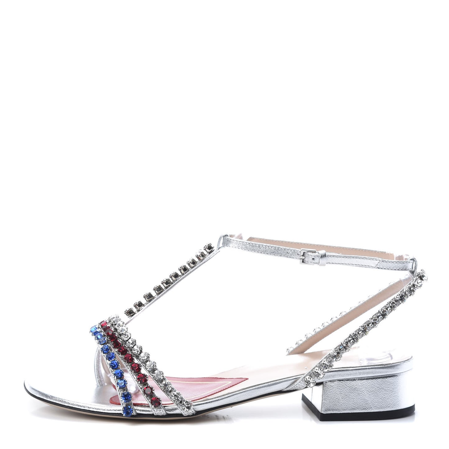 Nappa Silk Crystal Bertie T-Strap Low Heel Sandals 36 Argento