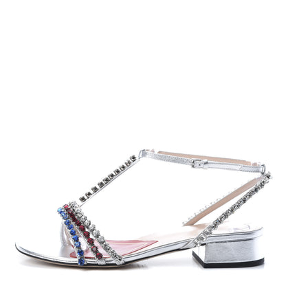 Gucci Nappa Silk Crystal Bertie T-Strap Low Heel Sandals 36 Argento 1 of 8