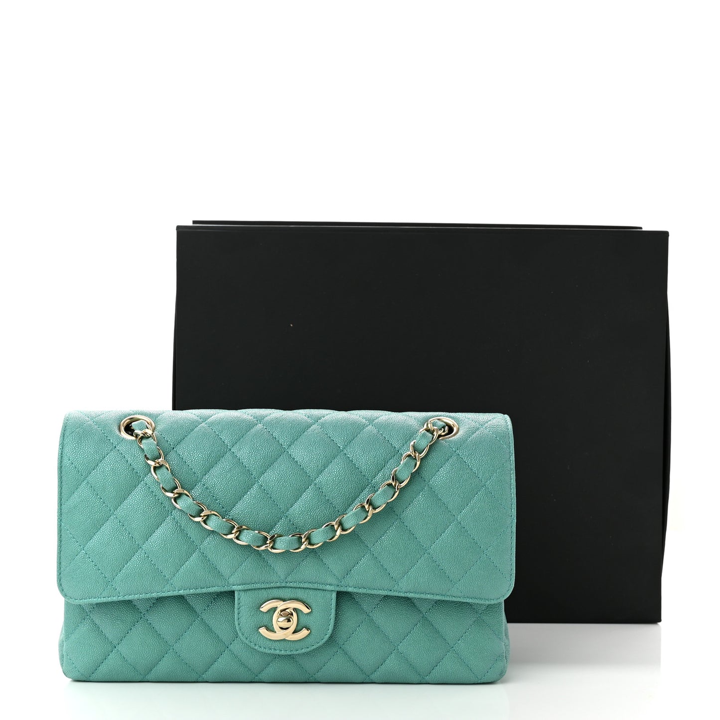 Iridescent Caviar Quilted Medium Double Flap Green