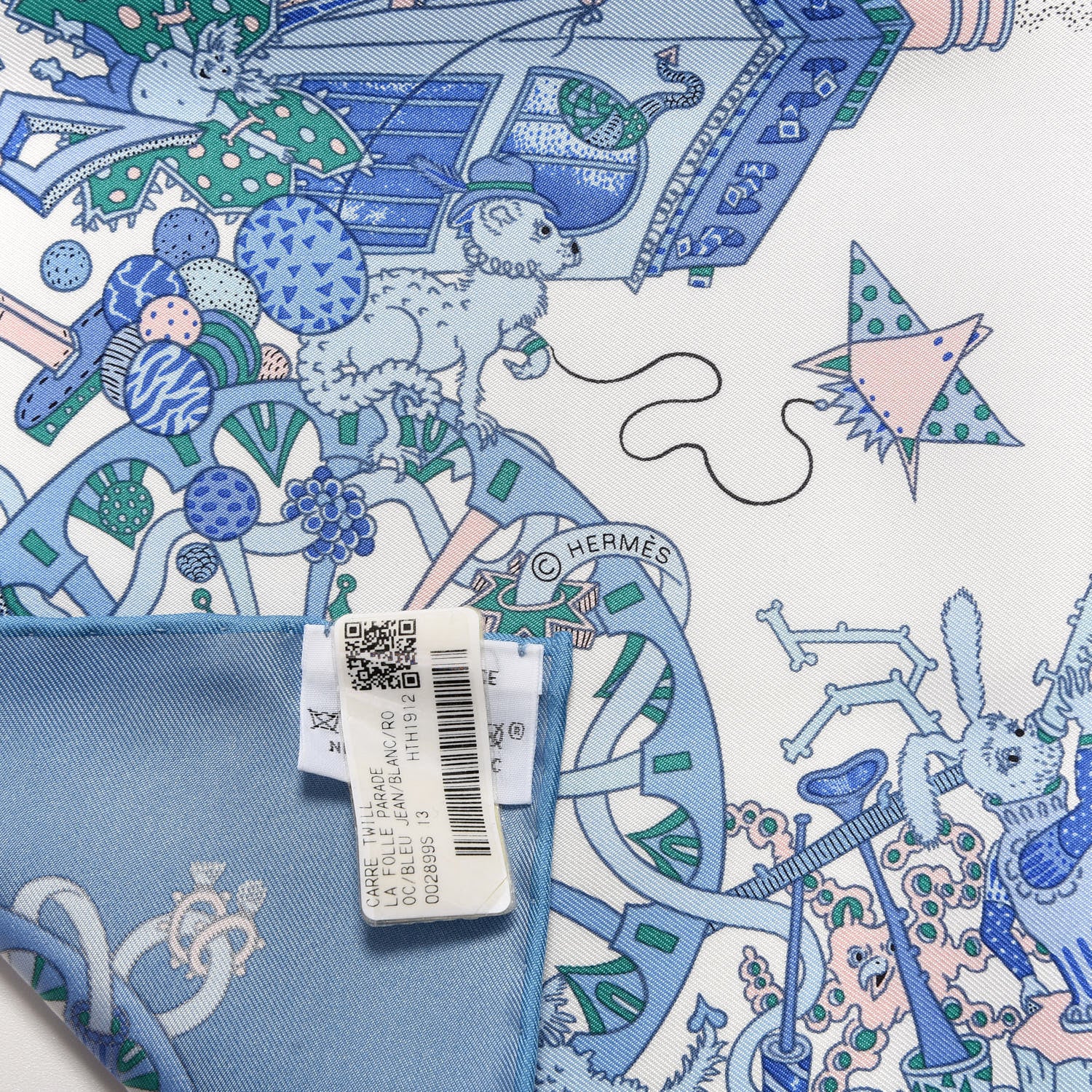 Hermes Silk Twill La Folle Parade Scarf 90 Bleu Jean White Rose 2 of 4