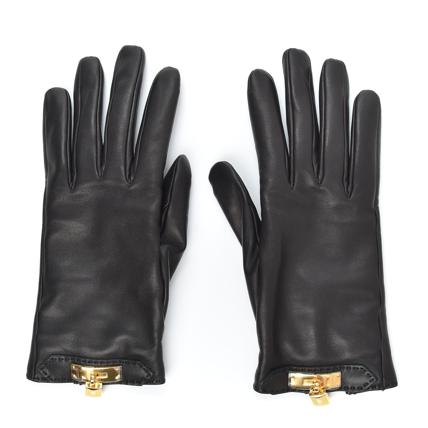 Hermes Lambskin Soya Kelly Lock Gloves 7 Black 1 of 6