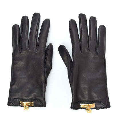 Hermes Lambskin Soya Kelly Lock Gloves 7 Black 1 of 6
