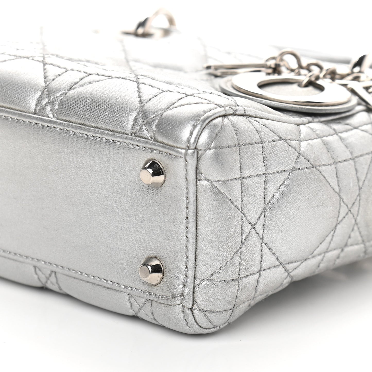 Metallic Lambskin Cannage Mini Lady Dior Grey