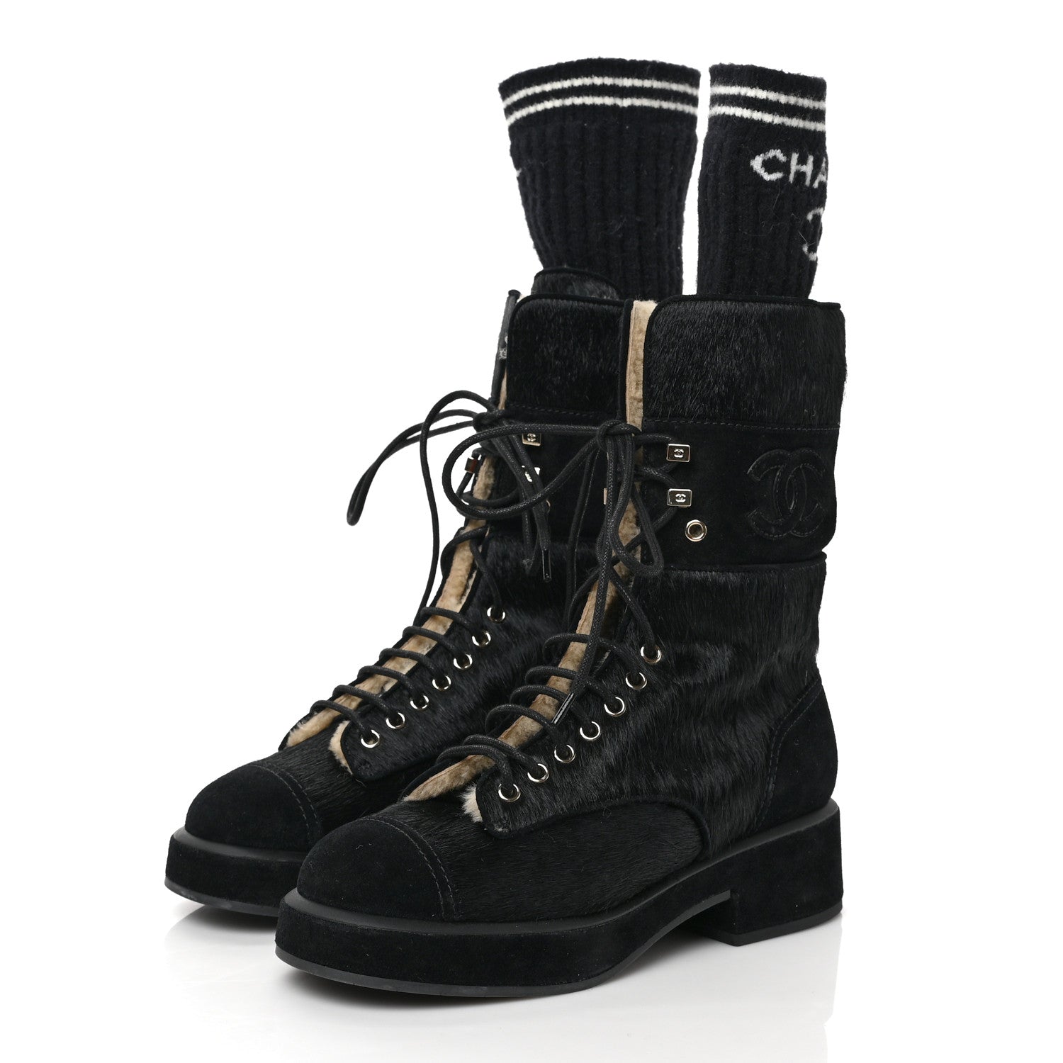 Chanel Suede Pony Hair Shearling Lace Up Combat Boots 38.5 Black White 3 of 7
