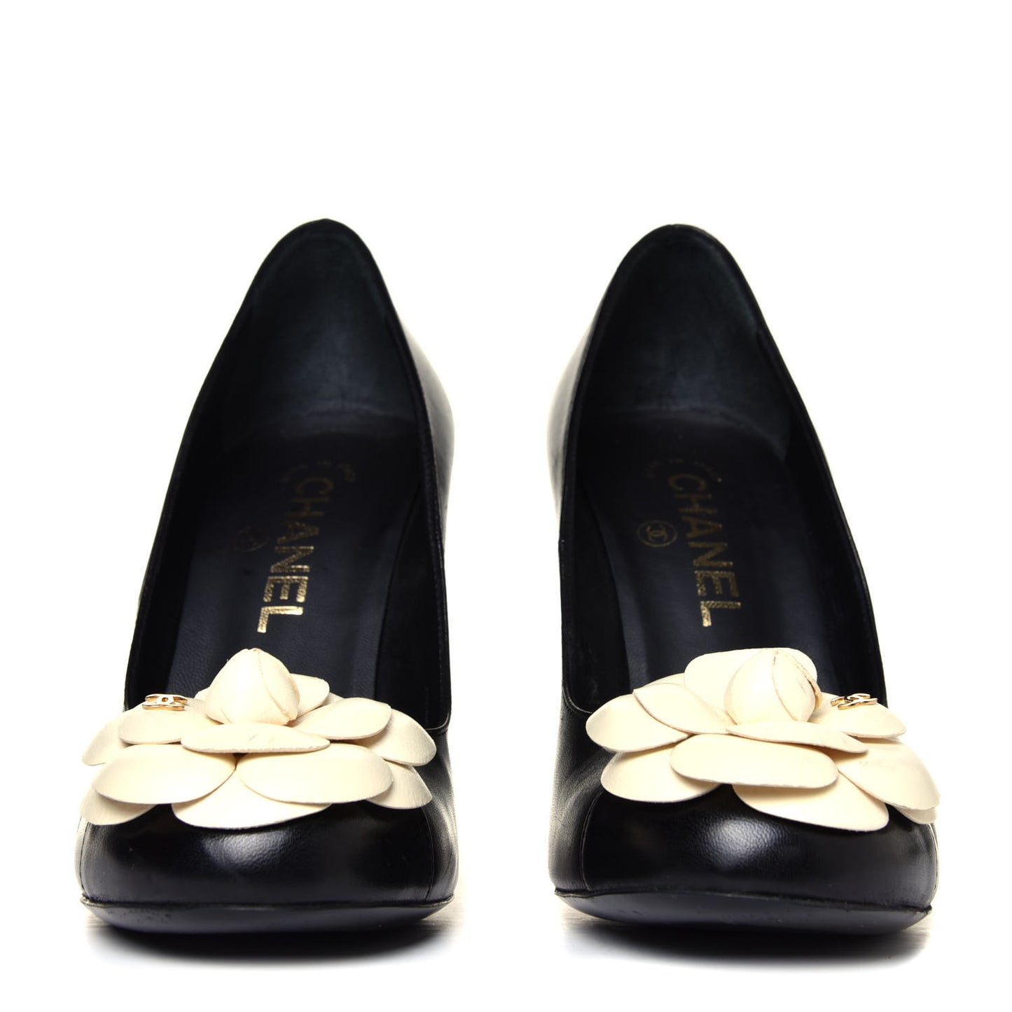 Lambskin Camellia Pumps 38 Black White