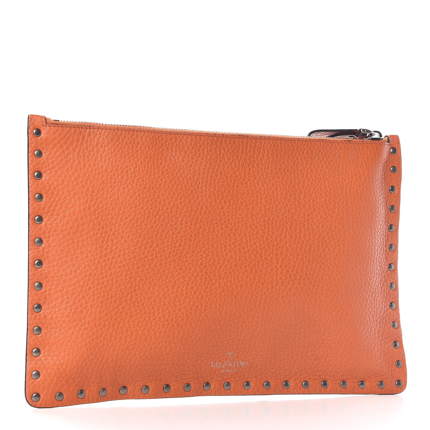 Valentino Garavani Grained Calfskin Turquoise Large Rockstud Rolling Zip Pouch Orange 3 of 8