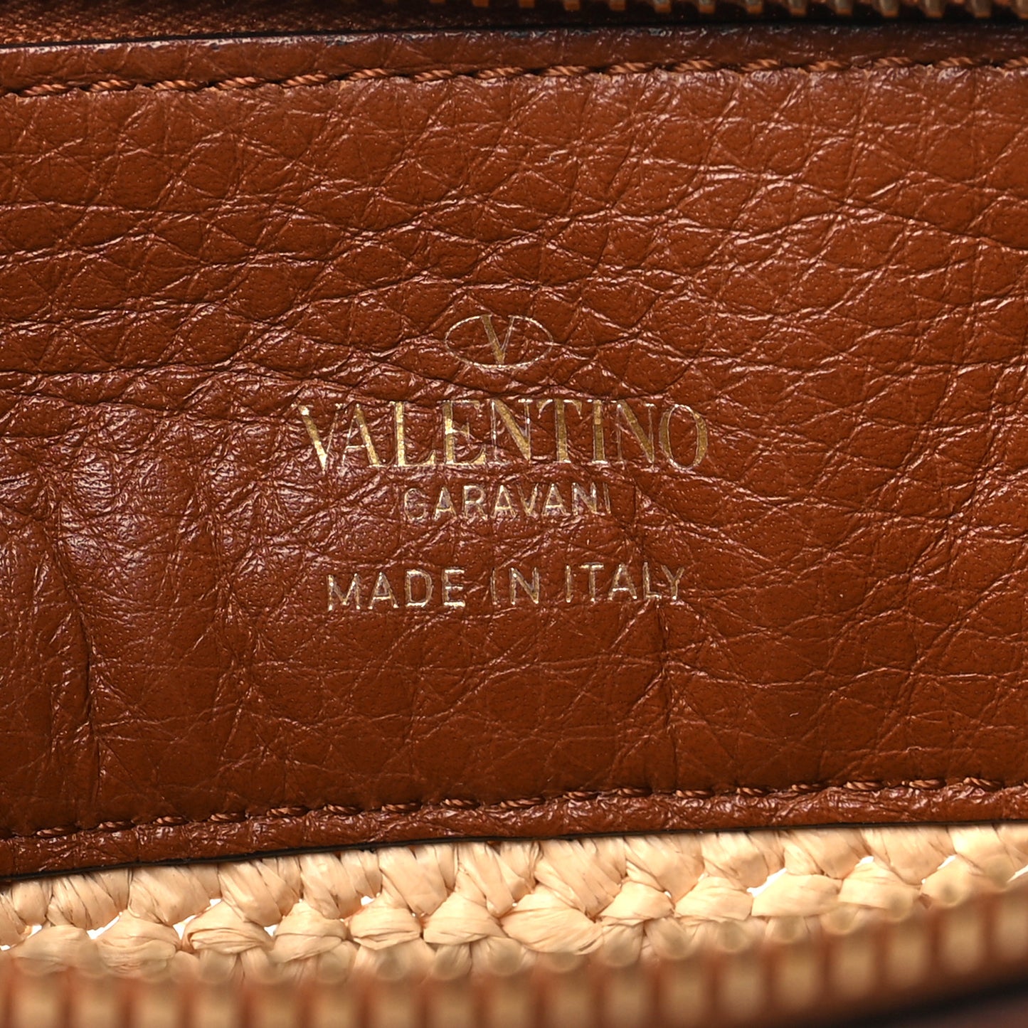 Raffia Calfskin Large Rockstud Zip Pouch Naturale Saddle Brown