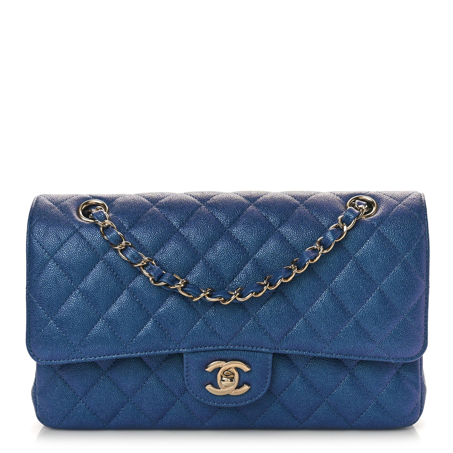 Iridescent Caviar Quilted Medium Double Flap Dark Blue