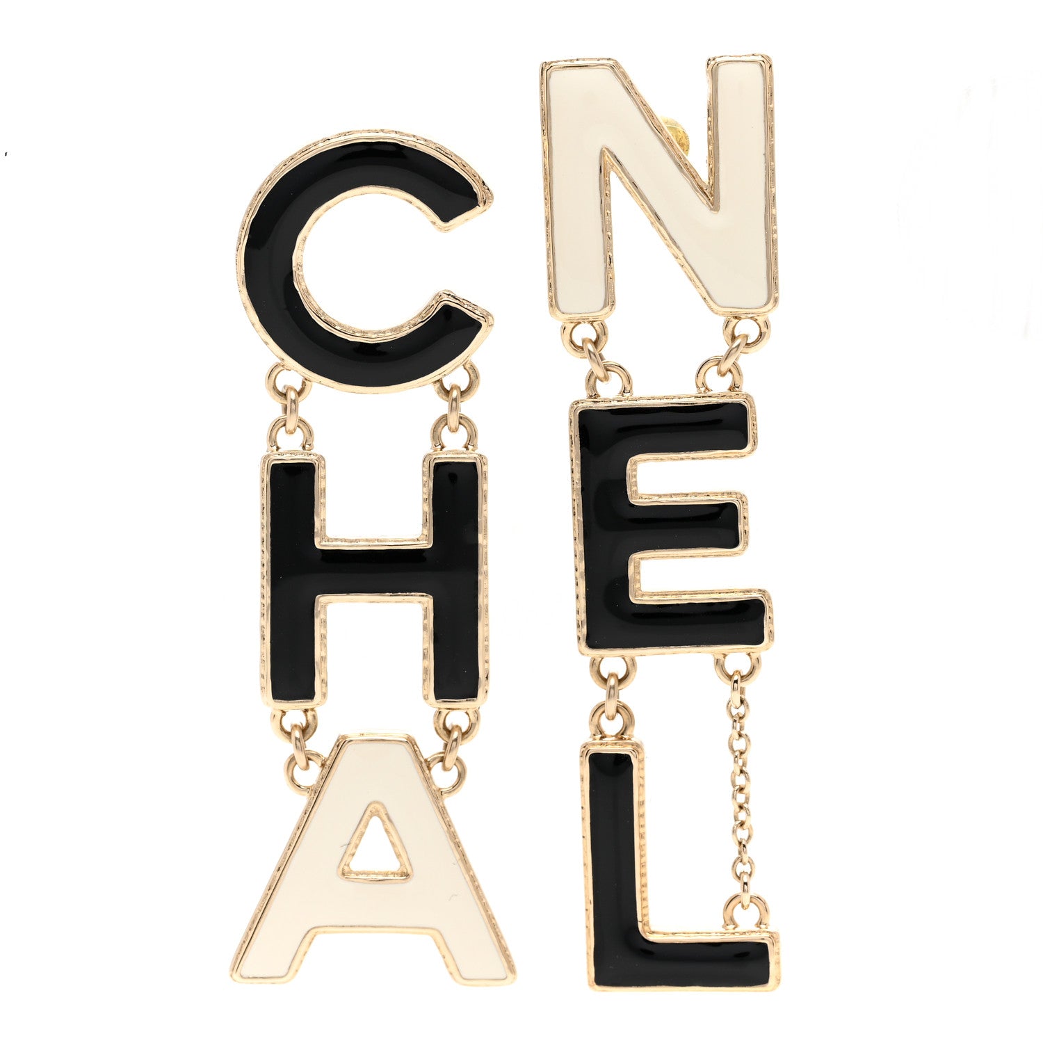 Chanel Metal Enamel Cha-Nel Logo Drop Earrings Black White 1 of 4