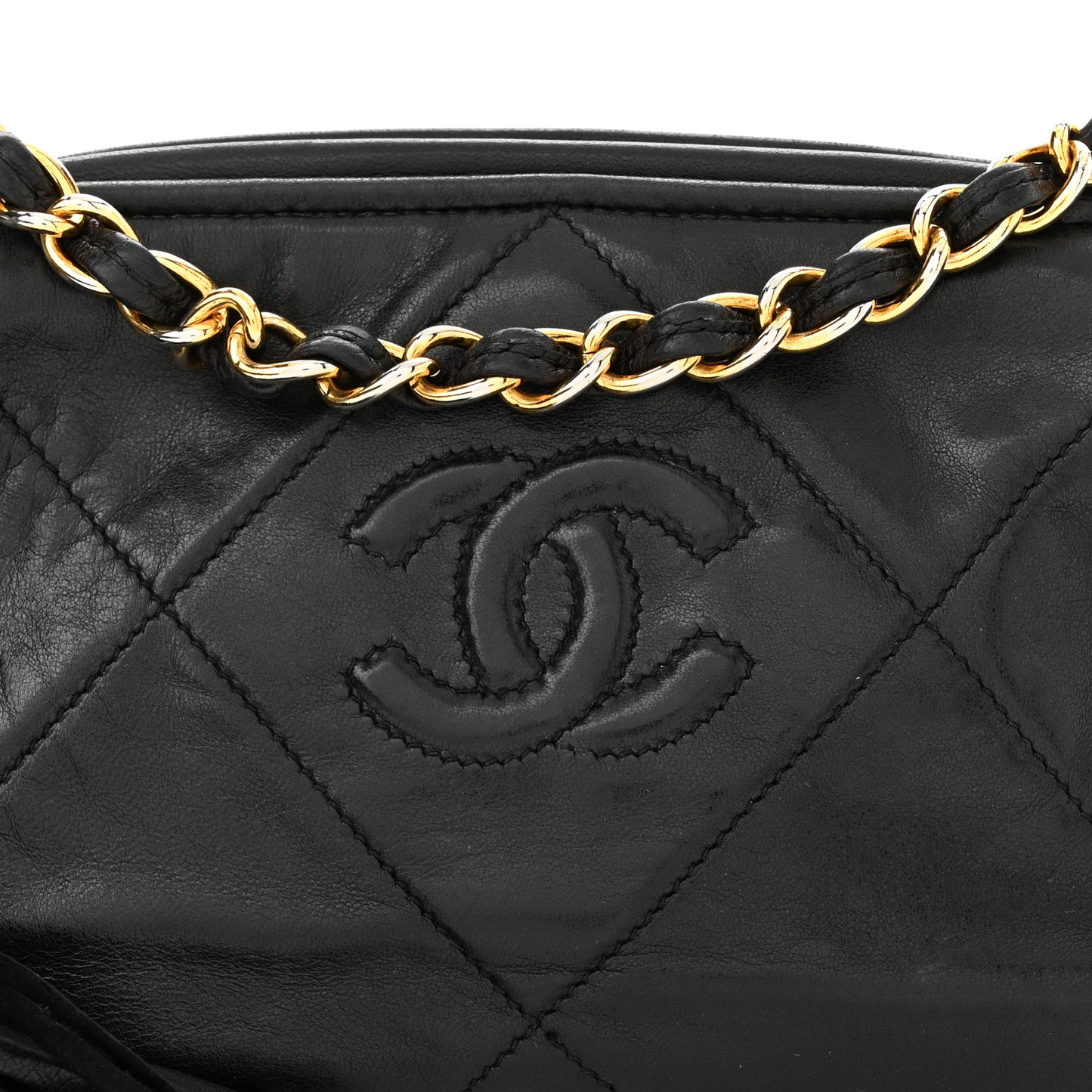 Lambskin Quilted Small Tassel Camera Case Black