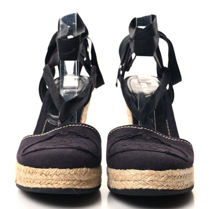 Prada Linen Logo Espadrille 90mm Wedge Sandals 40 Blue 2 of 7