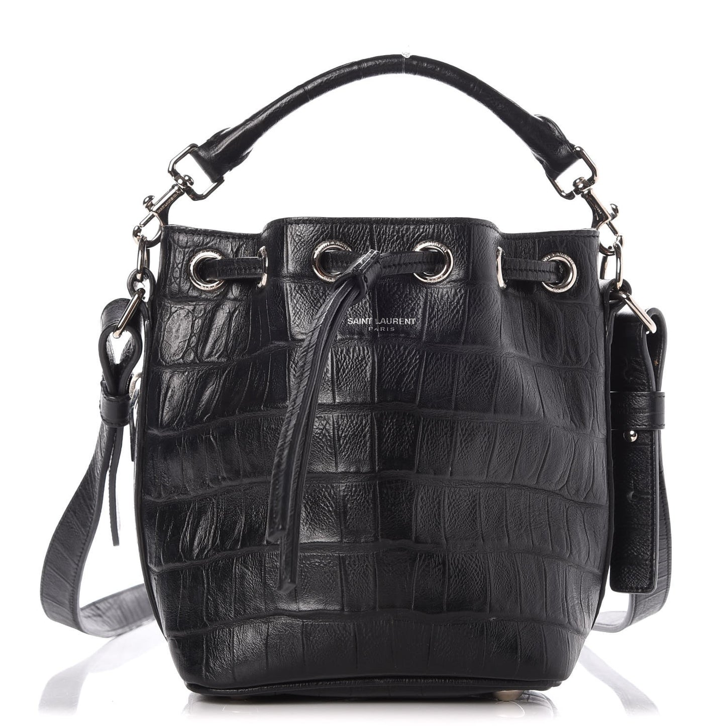 Croc Calfskin Embossed Small Emmanuelle Bucket Bag Black