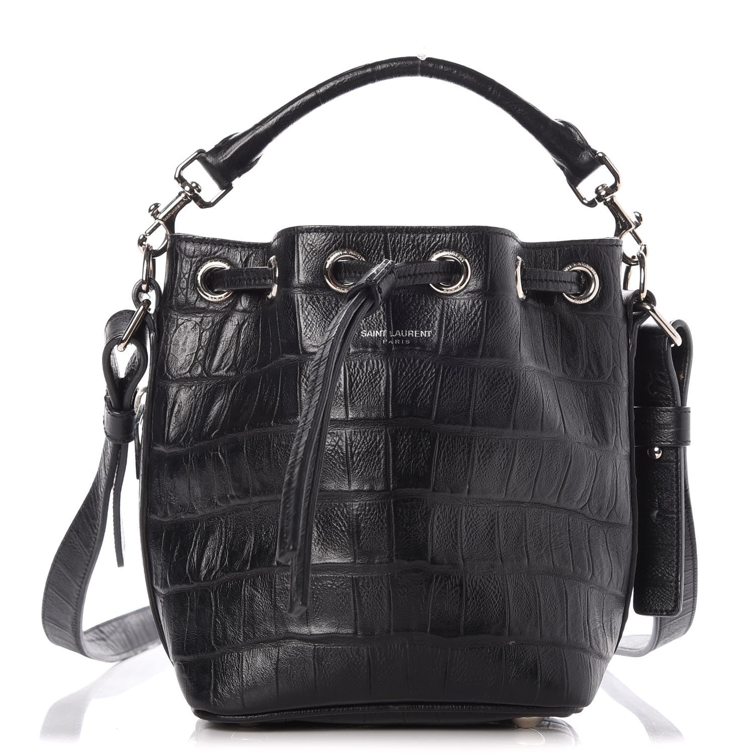 Saint Laurent Croc Calfskin Embossed Small Emmanuelle Bucket Bag Black 1 of 7
