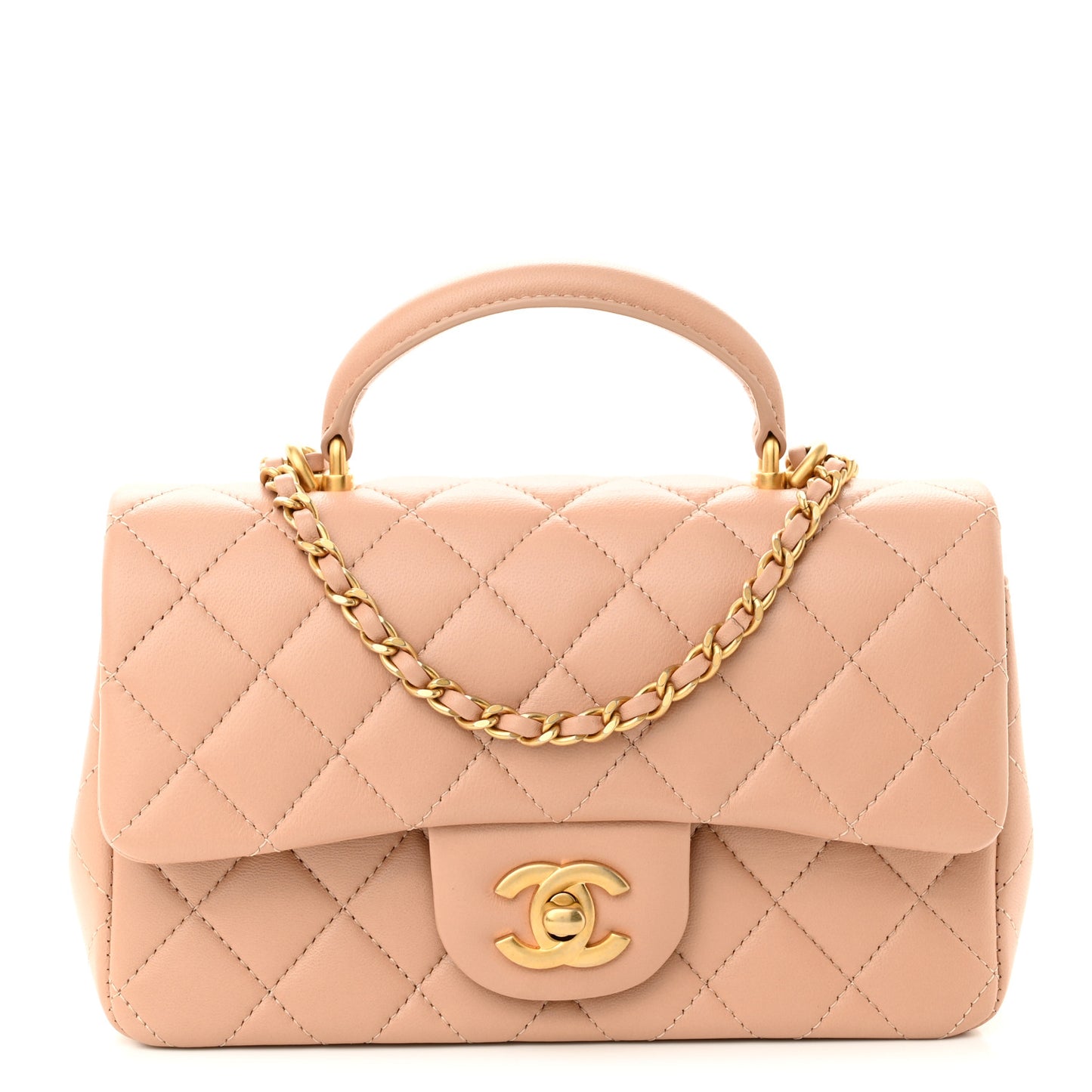 Lambskin Quilted Mini Top Handle Rectangular Flap Beige