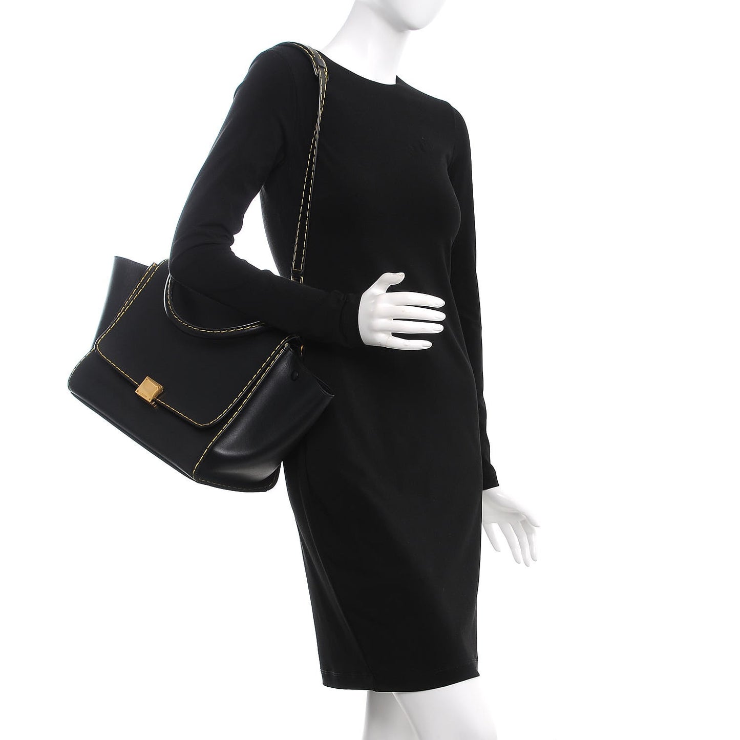 Smooth Calfskin Yellow Stitching Medium Trapeze Black