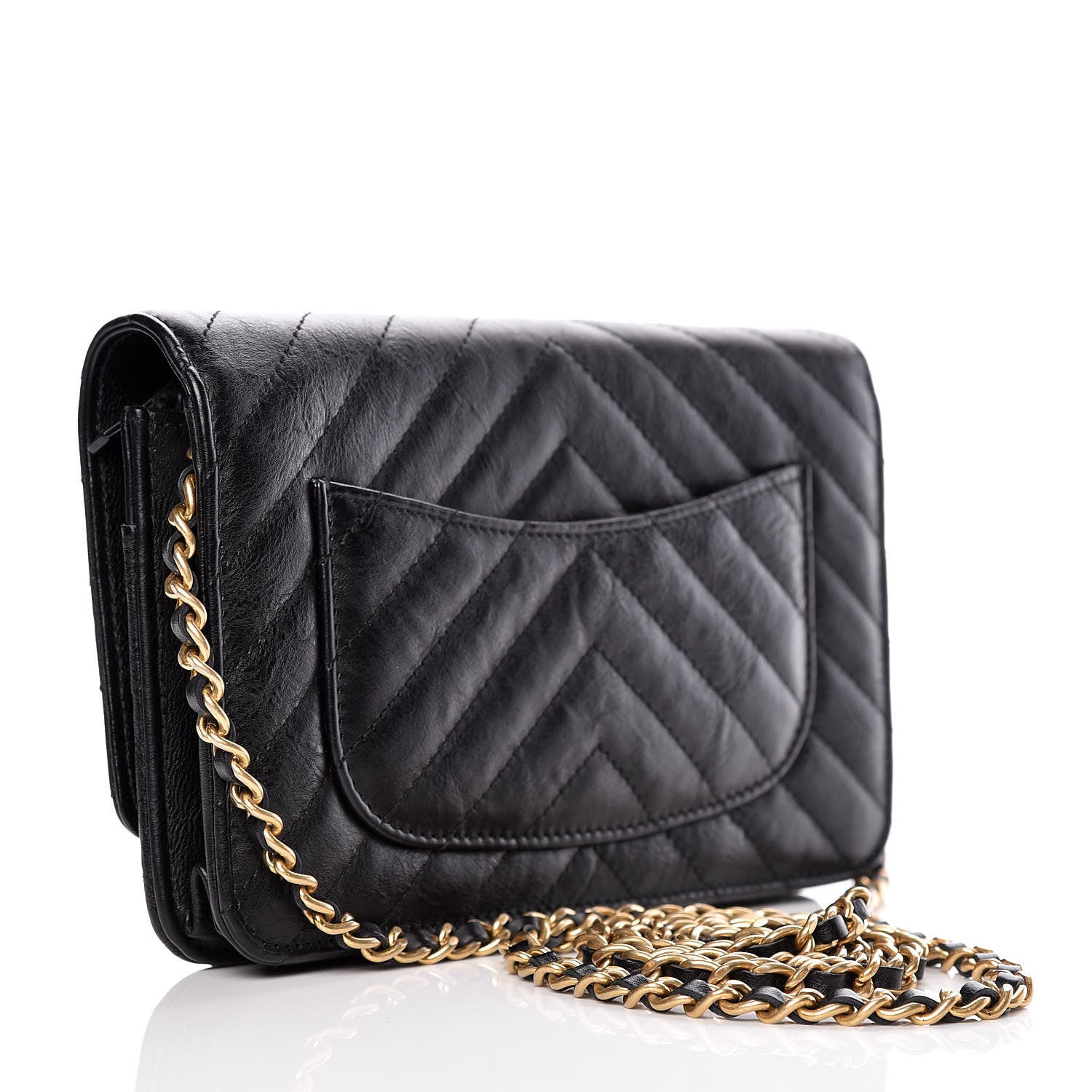 Chanel Crumpled Calfskin Chevron Quilted Wallet On Chain WOC Black 3 of 13