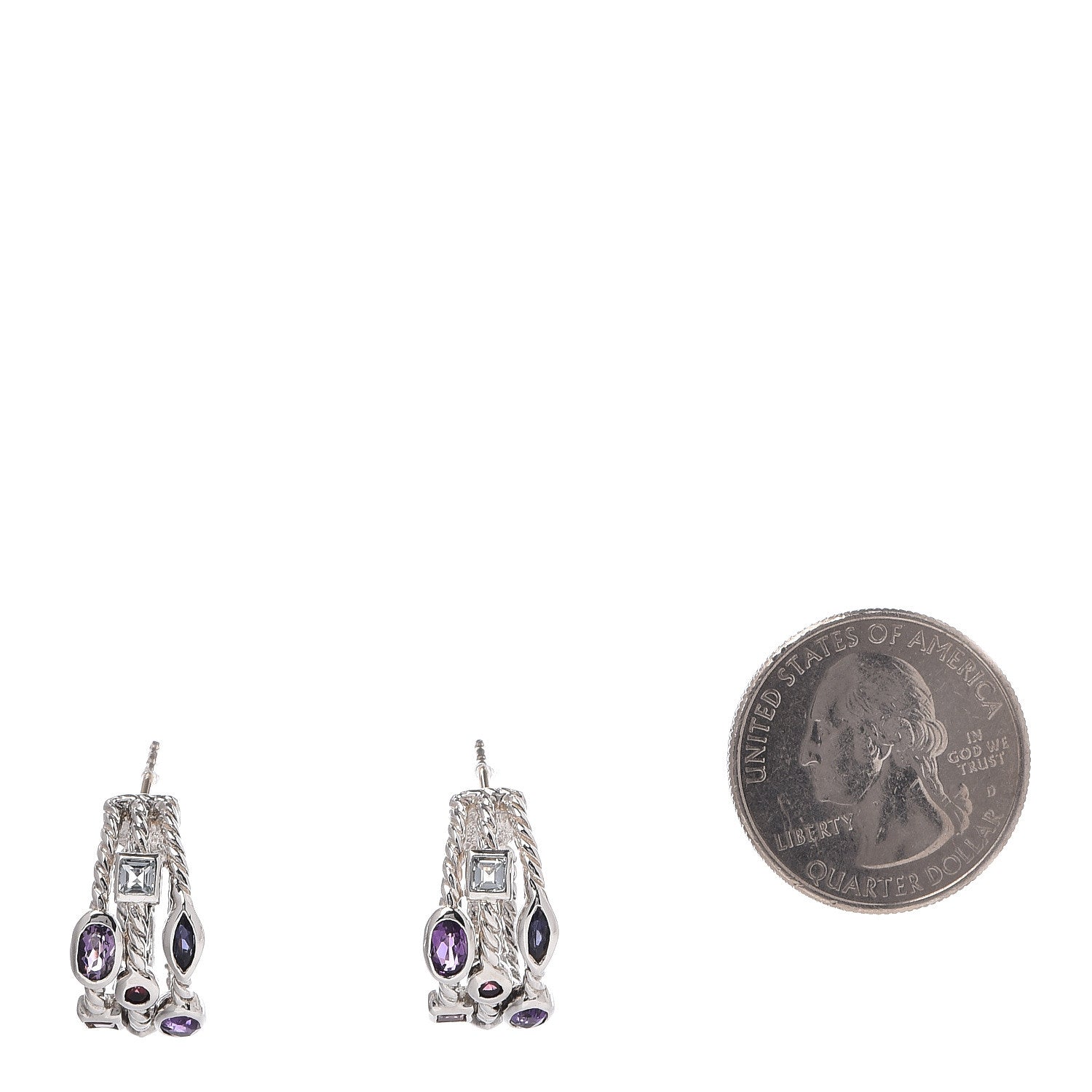 David Yurman Sterling Silver Amethyst Iolite Topaz Garnet Confetti 3 Row Earrings 2 of 7