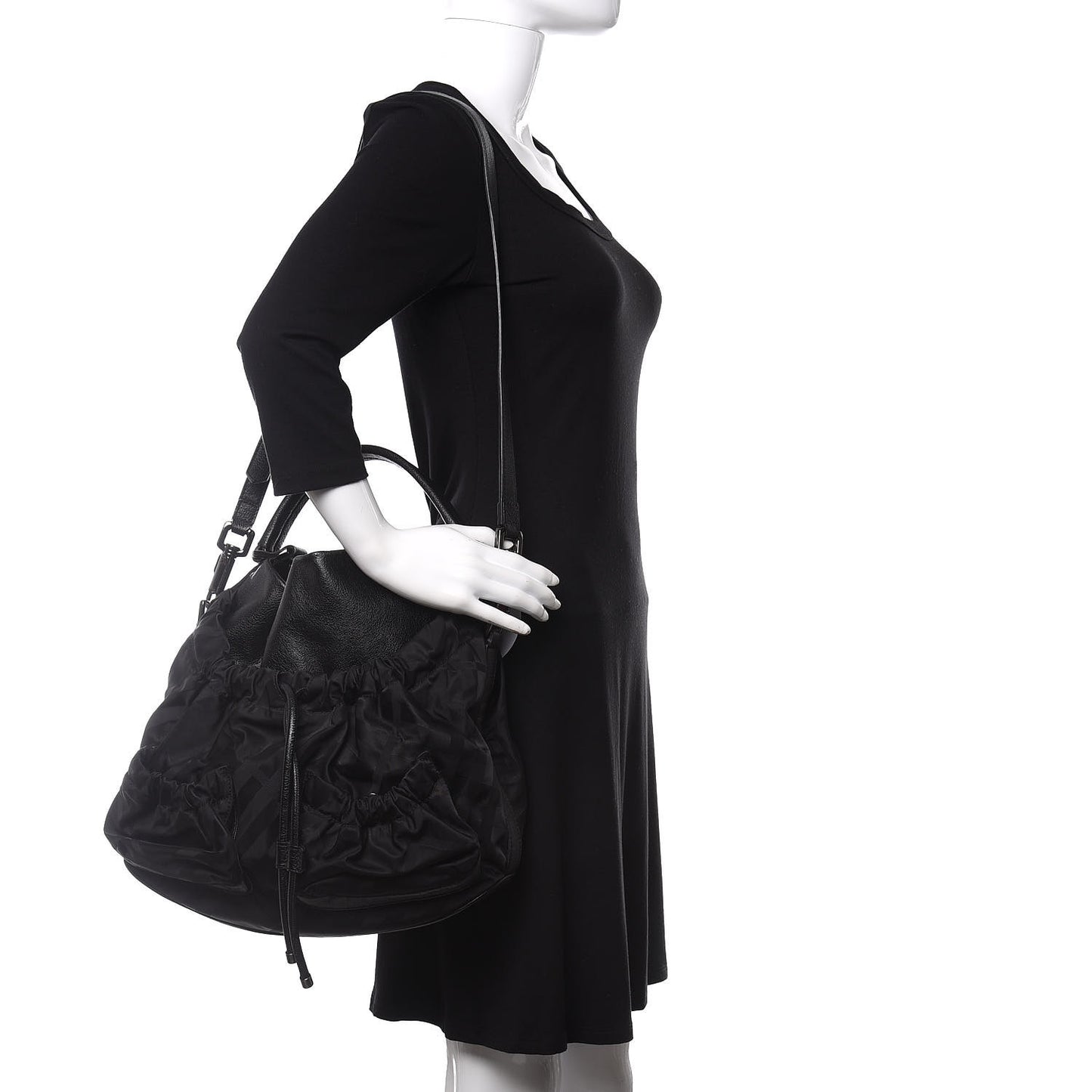 Calfskin Nylon Beat Check Shoulder Bag Black