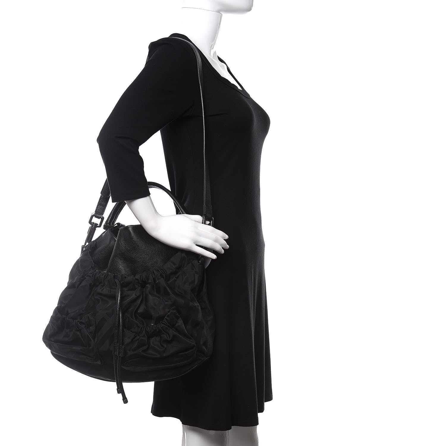 Burberry Calfskin Nylon Beat Check Shoulder Bag Black 2 of 11