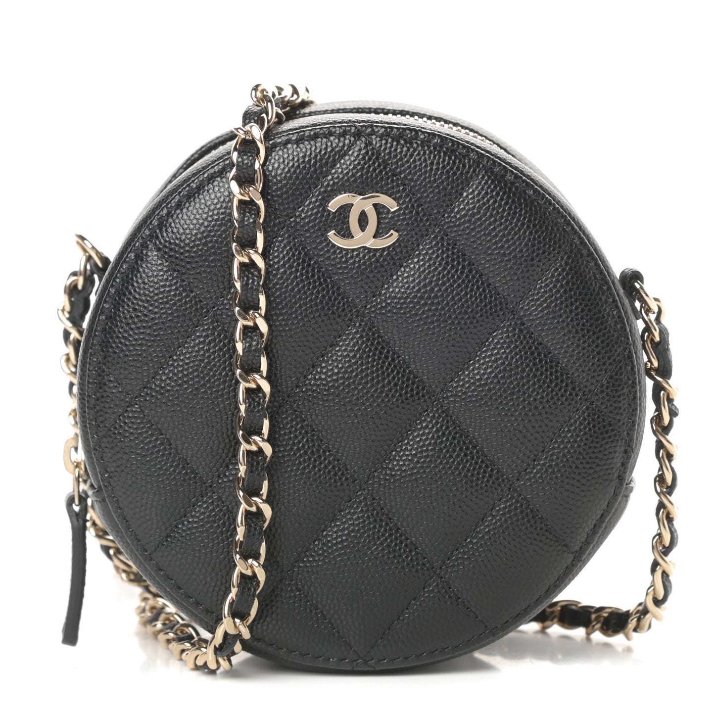 Caviar Quilted Round Clutch With Chain Black