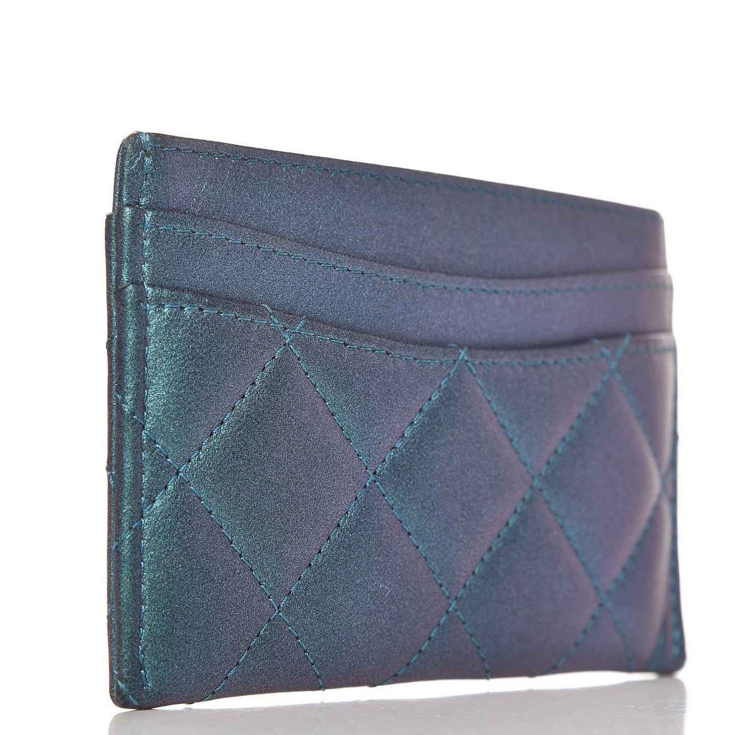 Metallic Lambskin Quilted Card Holder Turquoise
