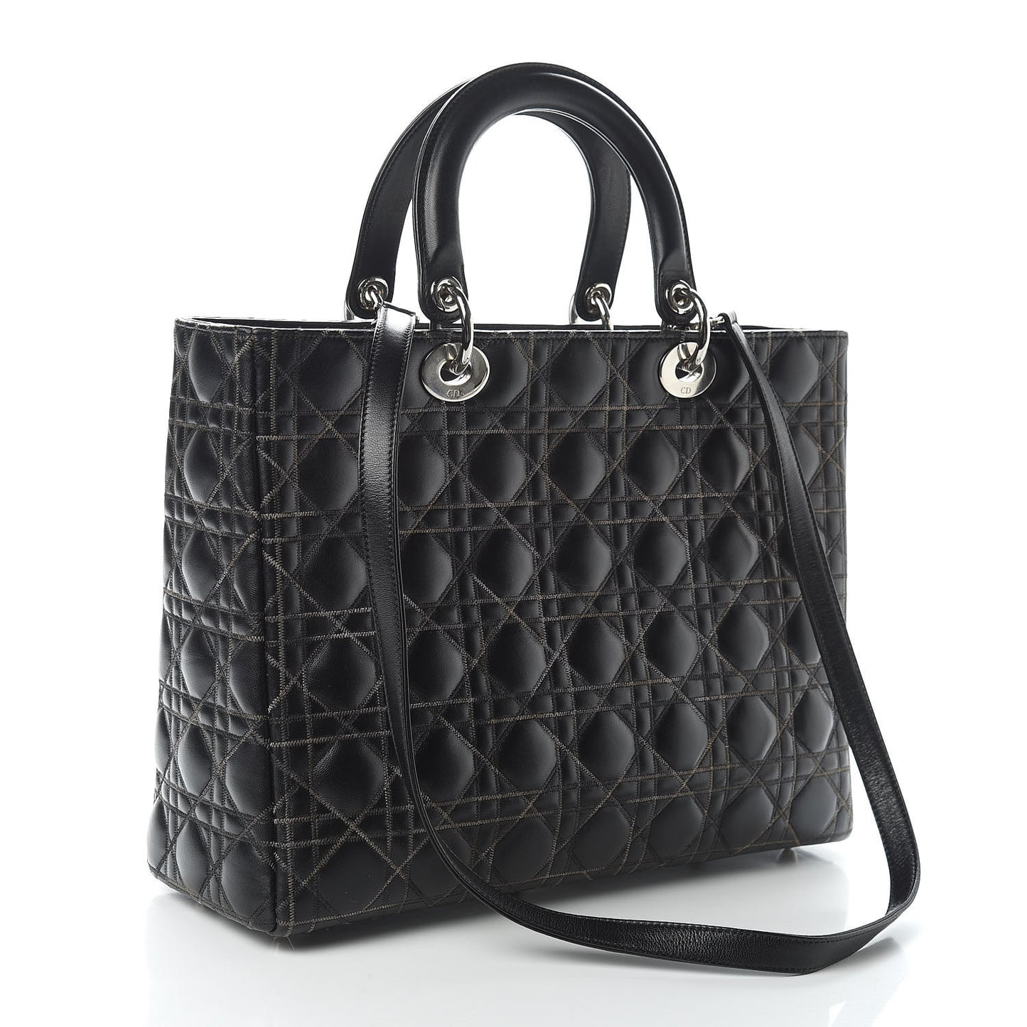 Lambskin Stitched Large Lady Dior Black