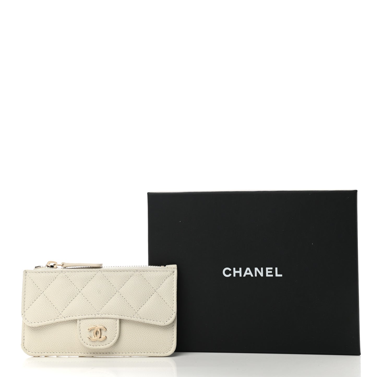 Caviar Quilted Flap Zip Card Holder White