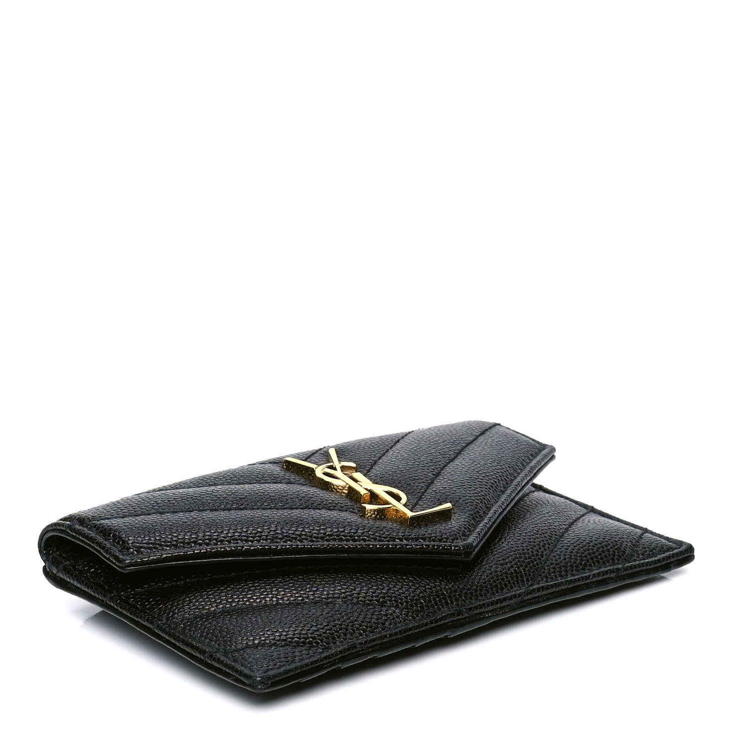 Saint Laurent Grain De Poudre Matelasse Chevron Monogram Compact Wallet Black 3 of 4