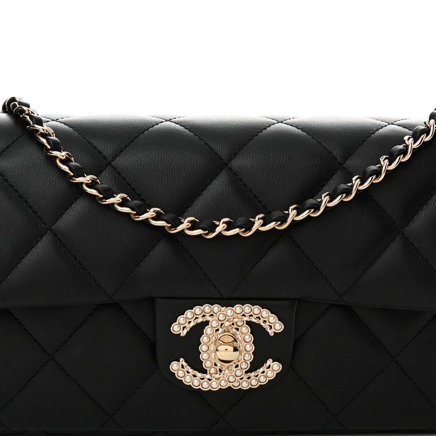 Lambskin Quilted Pearl CC Flap Clutch Black