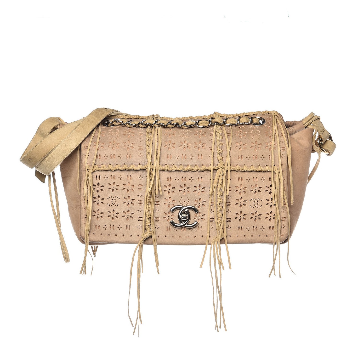 Suede Calfskin Perforated Fringe Flap Beige