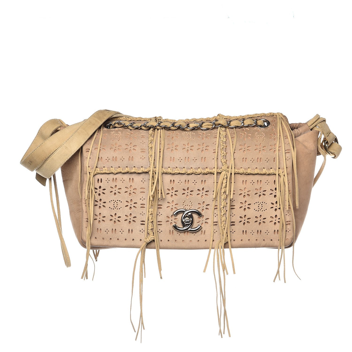 Chanel Suede Calfskin Perforated Fringe Flap Beige 1 of 14