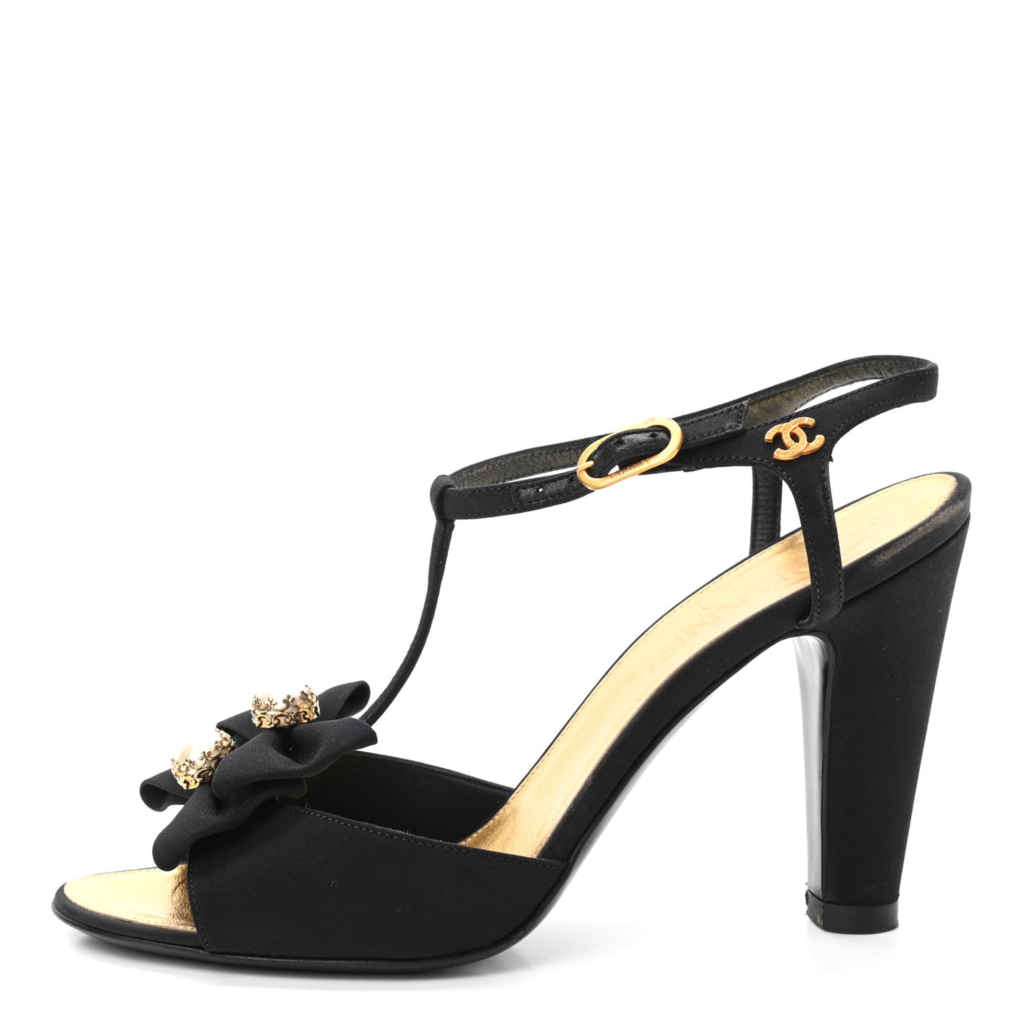 Satin Canvas Pearl Bow Sandals 38 Black