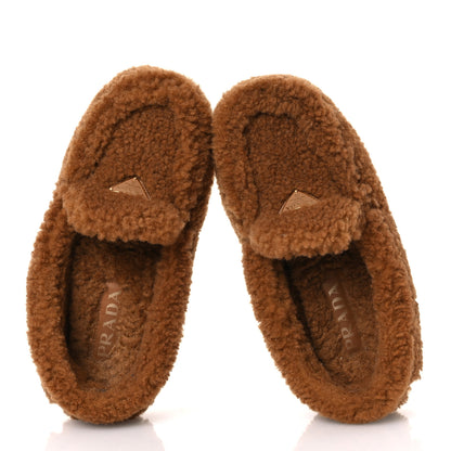 Prada Shearling Metal Triangle Logo Driving Loafer 36.5 Brown 2 of 9