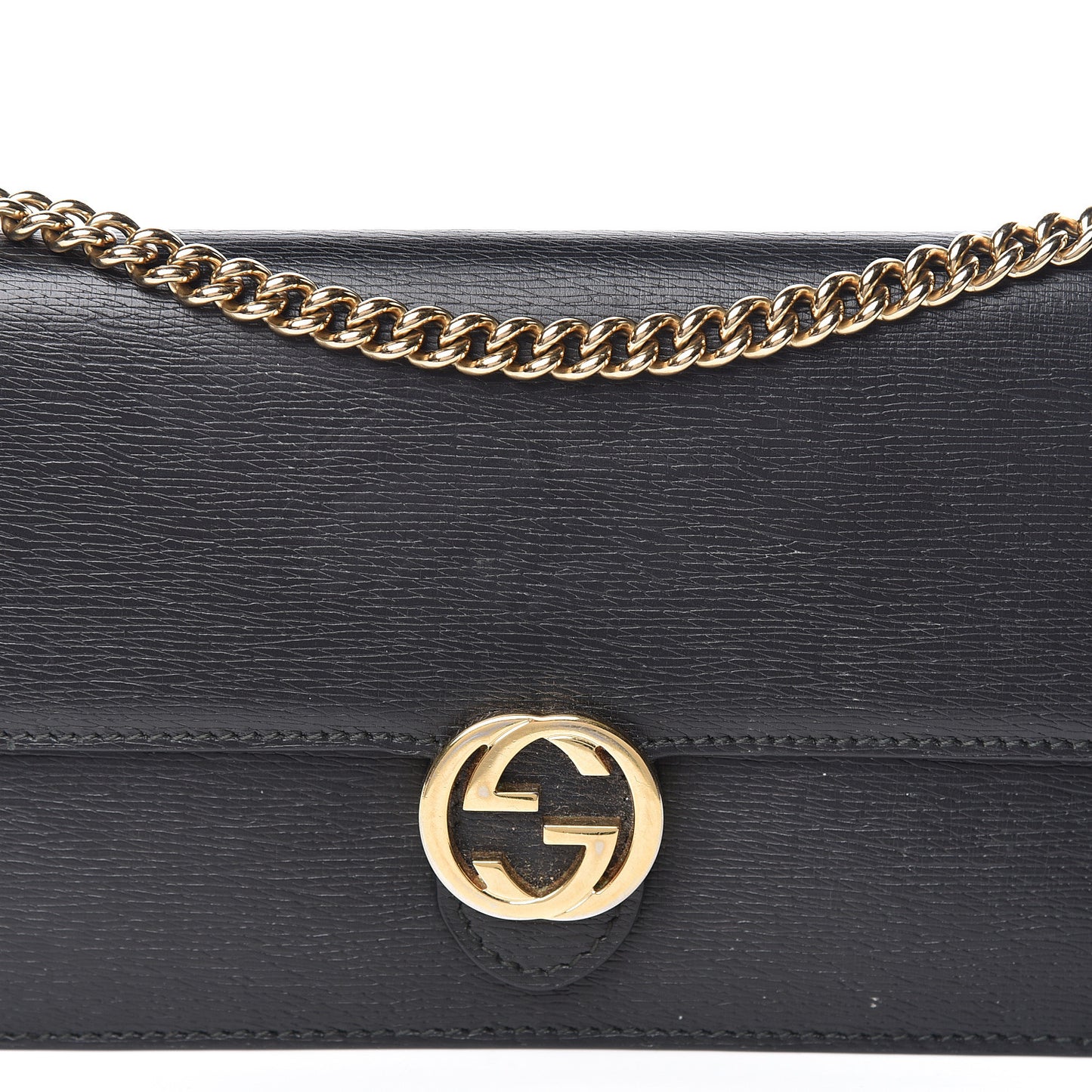 Textured Calfskin Icon Chain Wallet Black