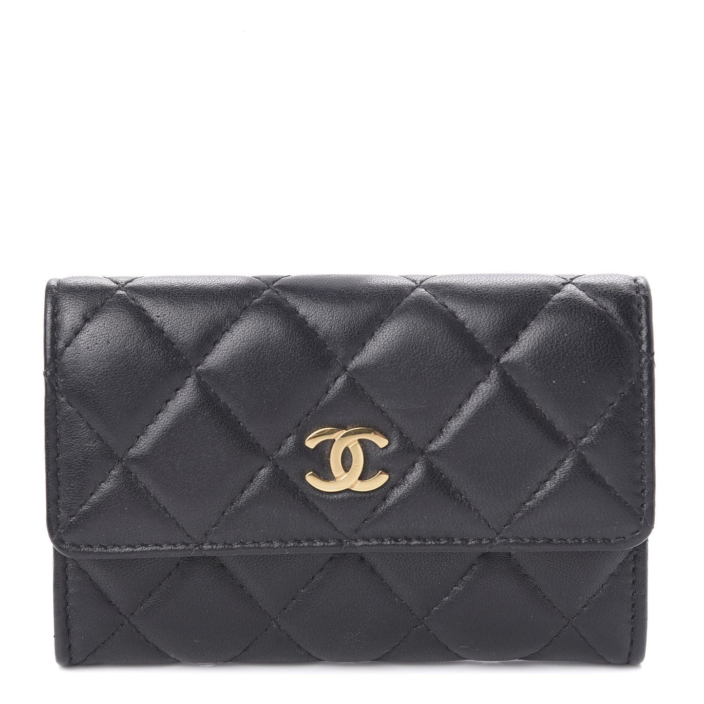 Lambskin Quilted Flap Card Holder Black