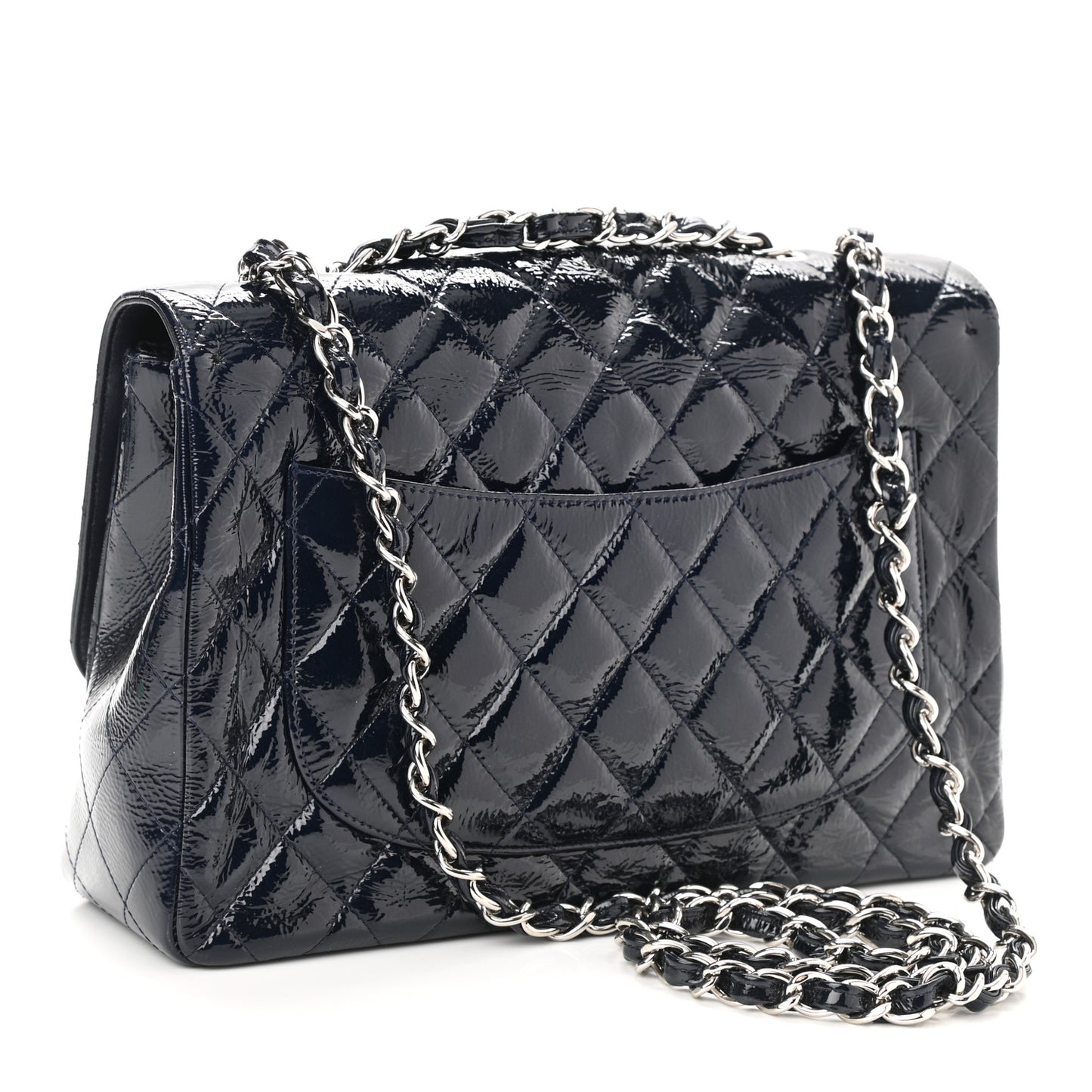 Crinkled Patent Quilted Jumbo Single Flap Dark Navy