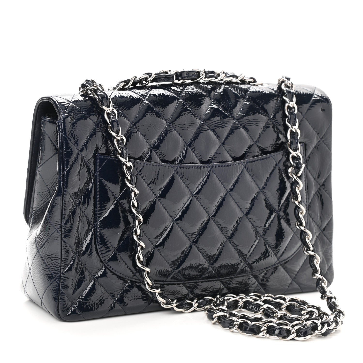 Chanel Crinkled Patent Quilted Jumbo Single Flap Dark Navy 3 of 10
