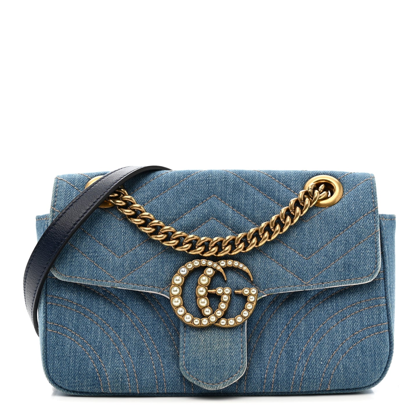 Denim Matelasse Mini Pearly GG Marmont Shoulder Bag Blue