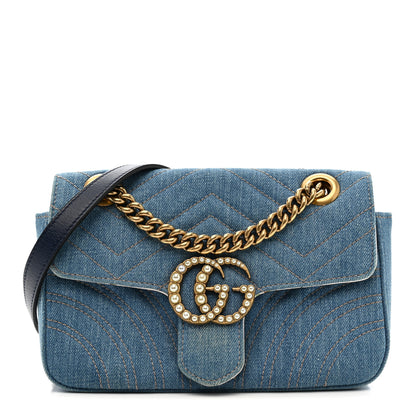 Gucci Denim Matelasse Mini Pearly GG Marmont Shoulder Bag Blue 1 of 11