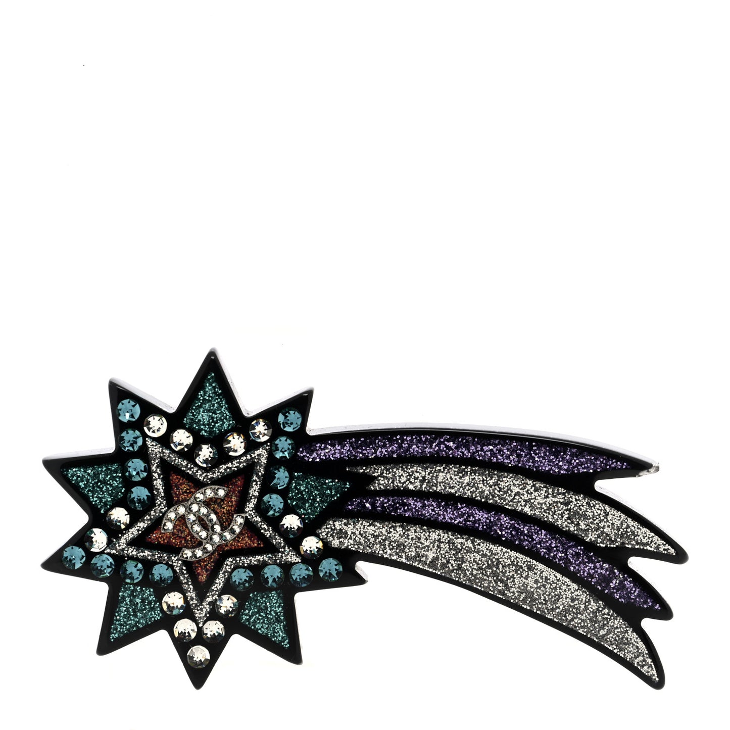 Glittered Resin Strass Shooting Star Brooch Black Purple Green