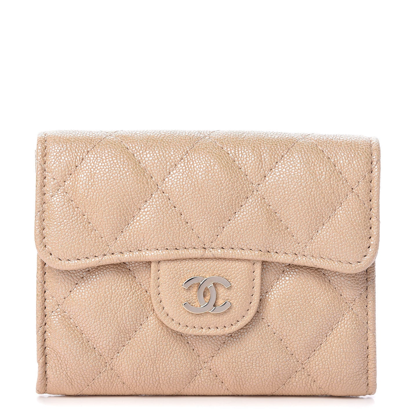 Iridescent Caviar Quilted Flap Card Holder Wallet Beige