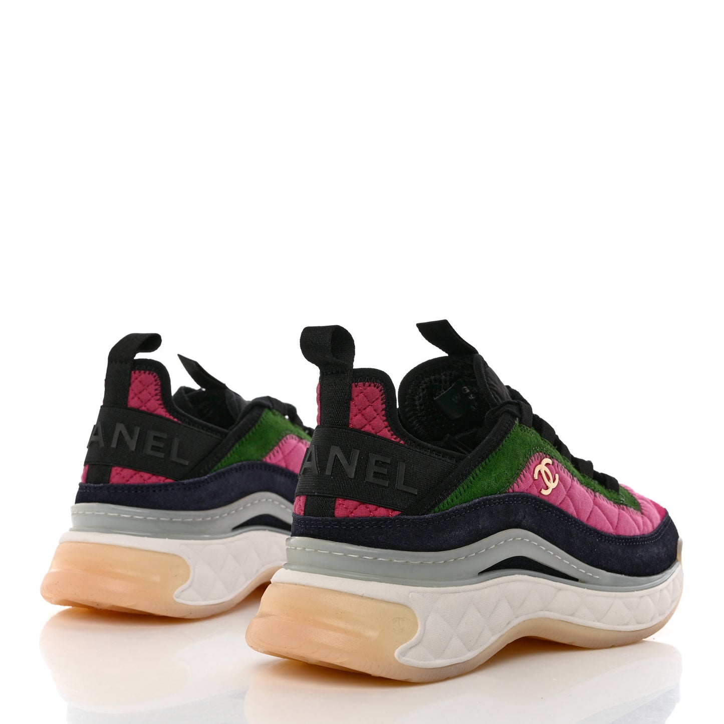Velvet Calfskin Mixed Fibers CC Sneakers 38 Dark Pink Green