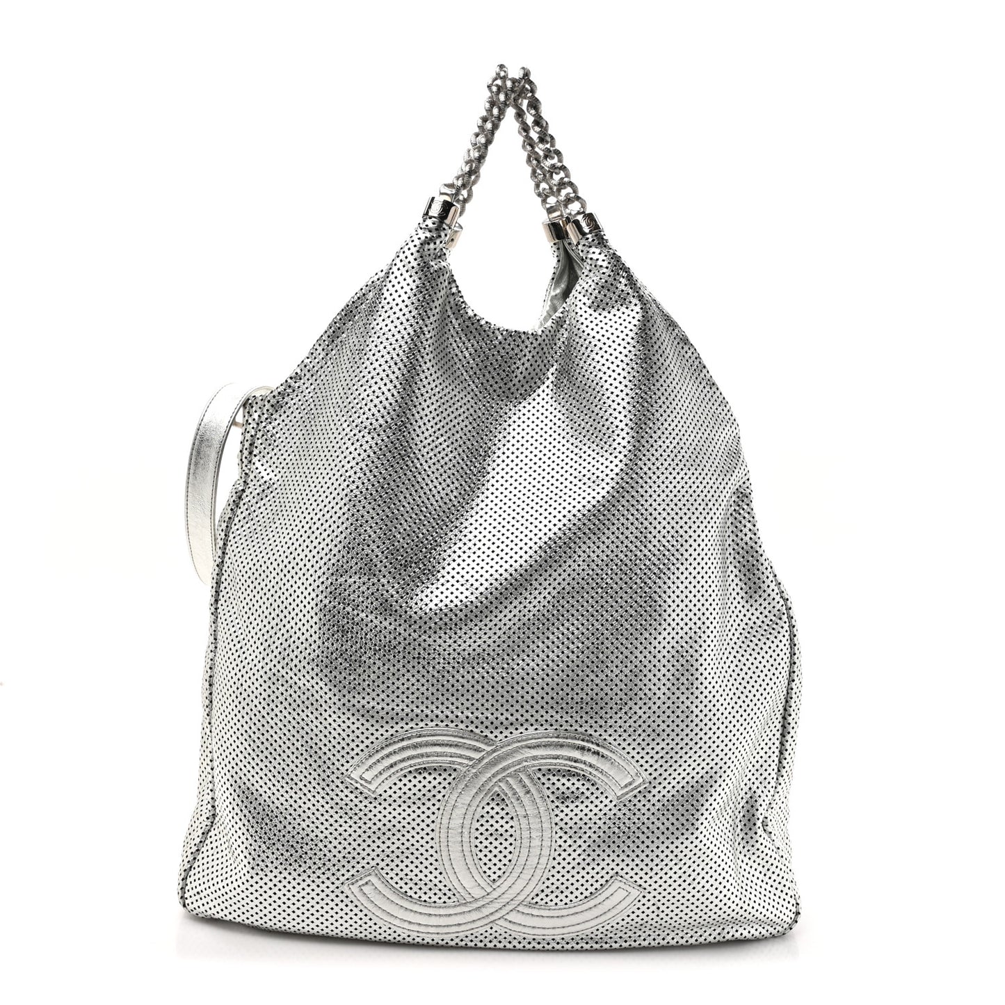 Metallic Glazed Calfskin Perforated Large Rodeo Drive Tote Silver