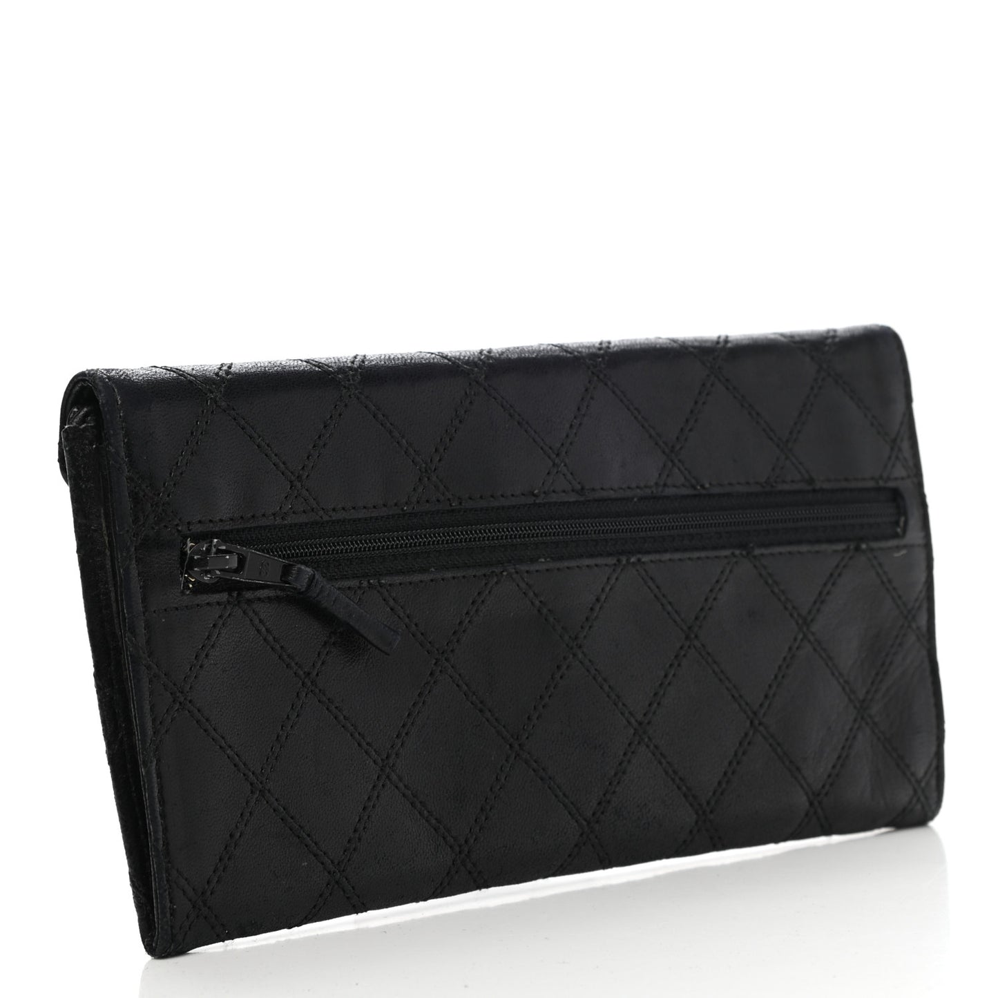 Lambskin Diamond Stitched Envelope Long Flap Wallet Black