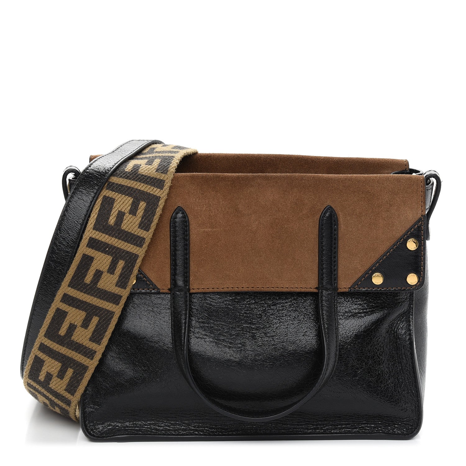 Fendi Agnello Old Shine Vitello Go Rain Small Flip Tote Black Marrone 1 of 10